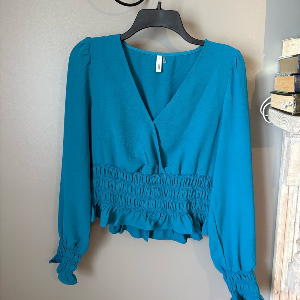 glam Teal V-Neck Smocked Waist Blouse